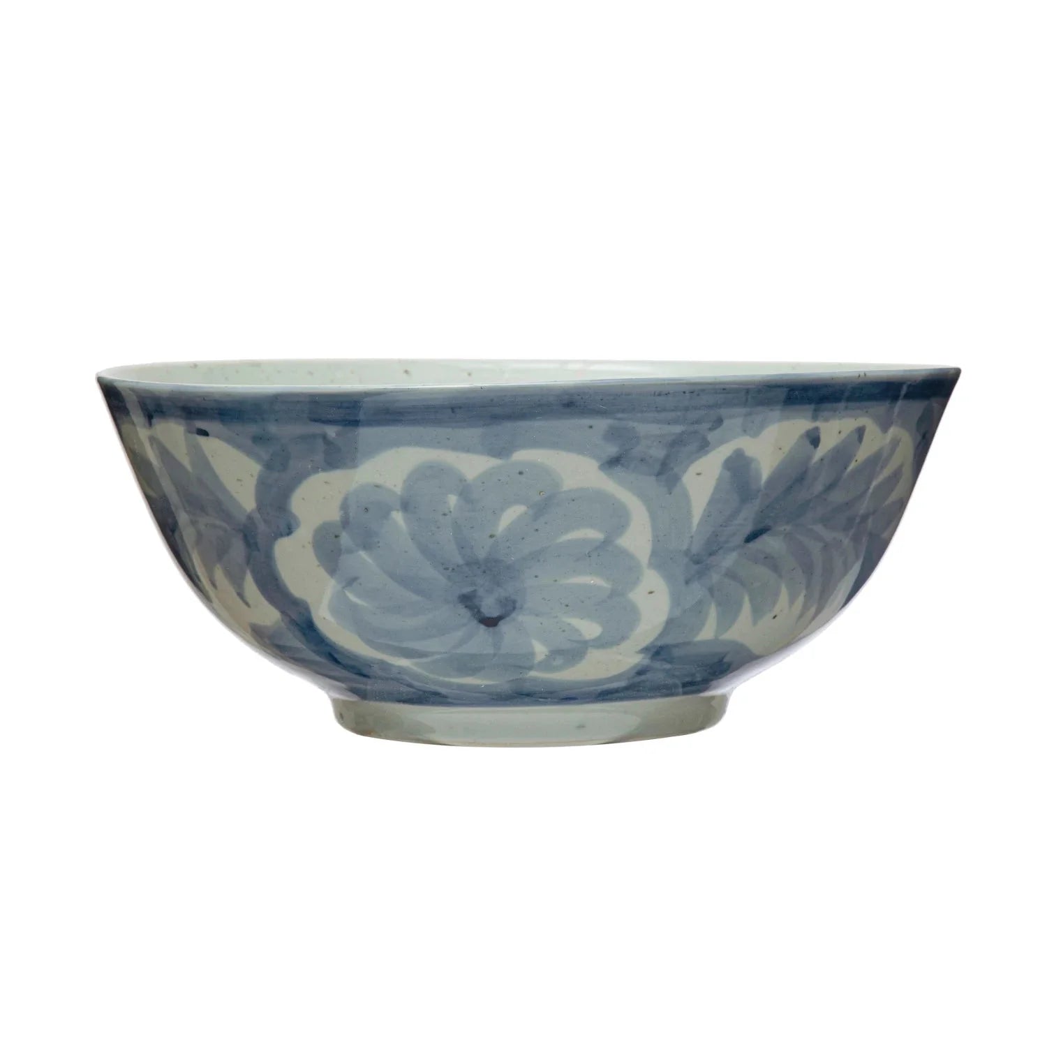 Hand-Painted Blue & White Stoneware Bowl – Floral Design - Tampa Home & Garden Store