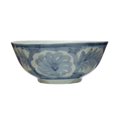 Hand-Painted Blue & White Stoneware Bowl – Floral Design - Tampa Home & Garden Store