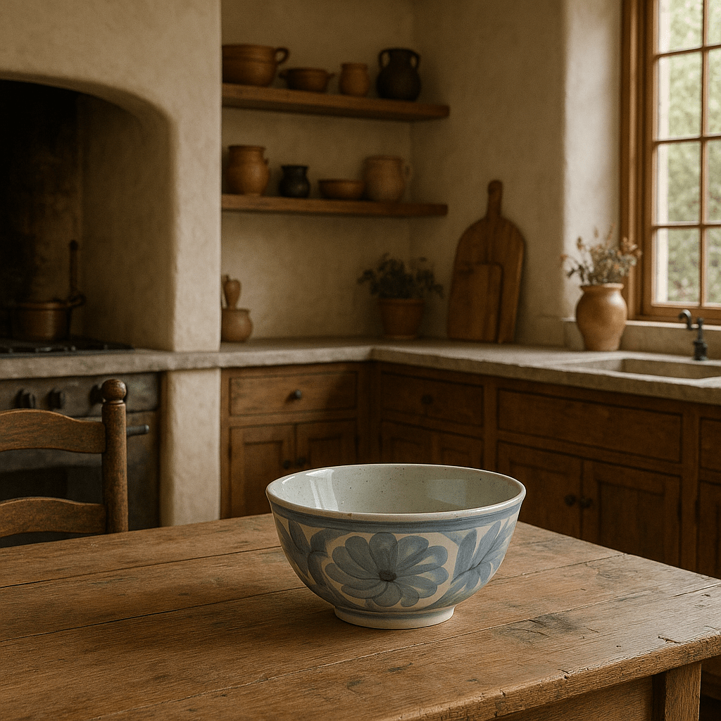 Hand-Painted Blue & White Stoneware Bowl – Floral Design - Tampa Home & Garden Store