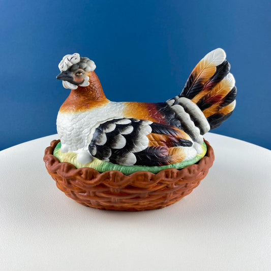 Hand Painted Large Hen in a Basket Covered Serving Bowl. Rare Ceramic Chicken Sitting on Eggs Butter Bowl with Lid. Dining Room Decor - Tampa Home & Garden Store