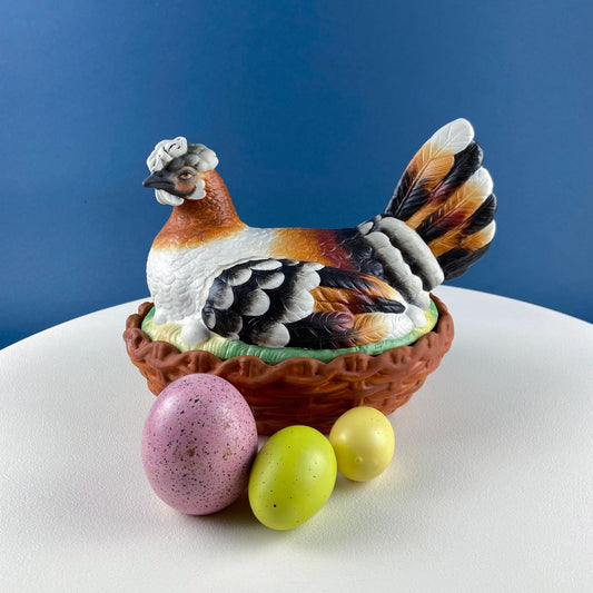Hand Painted Large Hen in a Basket Covered Serving Bowl. Rare Ceramic Chicken Sitting on Eggs Butter Bowl with Lid. Dining Room Decor - Tampa Home & Garden Store