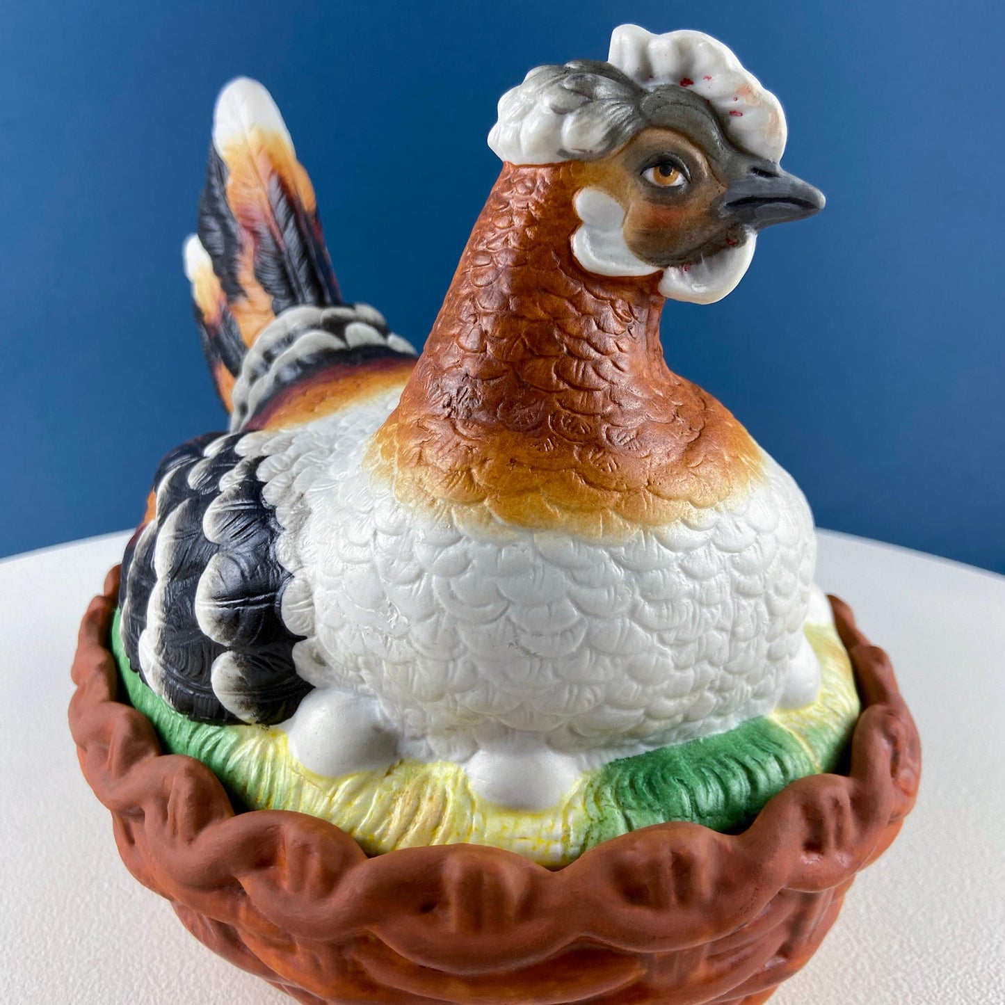 Hand Painted Large Hen in a Basket Covered Serving Bowl. Rare Ceramic Chicken Sitting on Eggs Butter Bowl with Lid. Dining Room Decor - Tampa Home & Garden Store