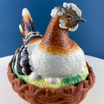Hand Painted Large Hen in a Basket Covered Serving Bowl. Rare Ceramic Chicken Sitting on Eggs Butter Bowl with Lid. Dining Room Decor - Tampa Home & Garden Store