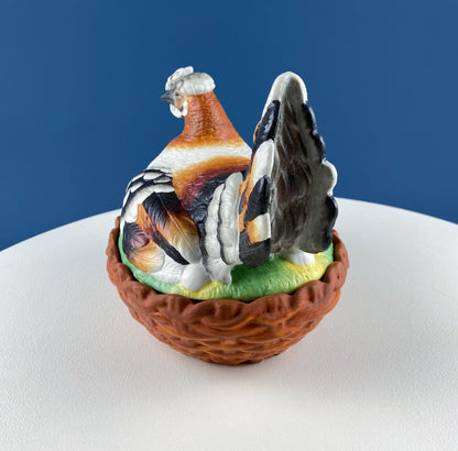 Hand Painted Large Hen in a Basket Covered Serving Bowl. Rare Ceramic Chicken Sitting on Eggs Butter Bowl with Lid. Dining Room Decor - Tampa Home & Garden Store