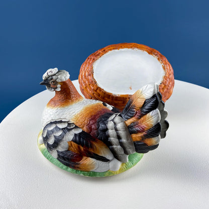 Hand Painted Large Hen in a Basket Covered Serving Bowl. Rare Ceramic Chicken Sitting on Eggs Butter Bowl with Lid. Dining Room Decor - Tampa Home & Garden Store