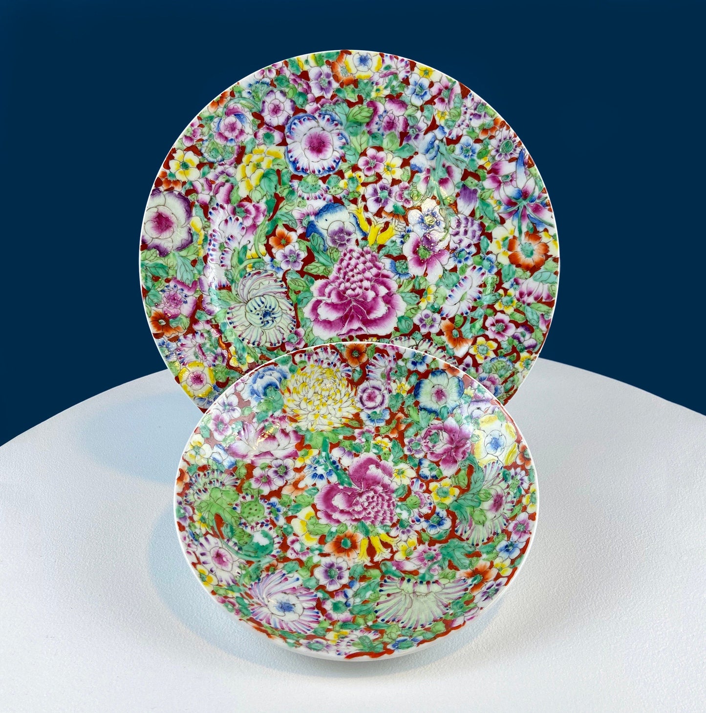 Hand-Painted Set of Two Decorative or Serving Dishes with a Flowers Motif. 10.5" Flat Platter and 7.5" Shallow Bowl. Dining Room Decor. - Tampa Home & Garden Store