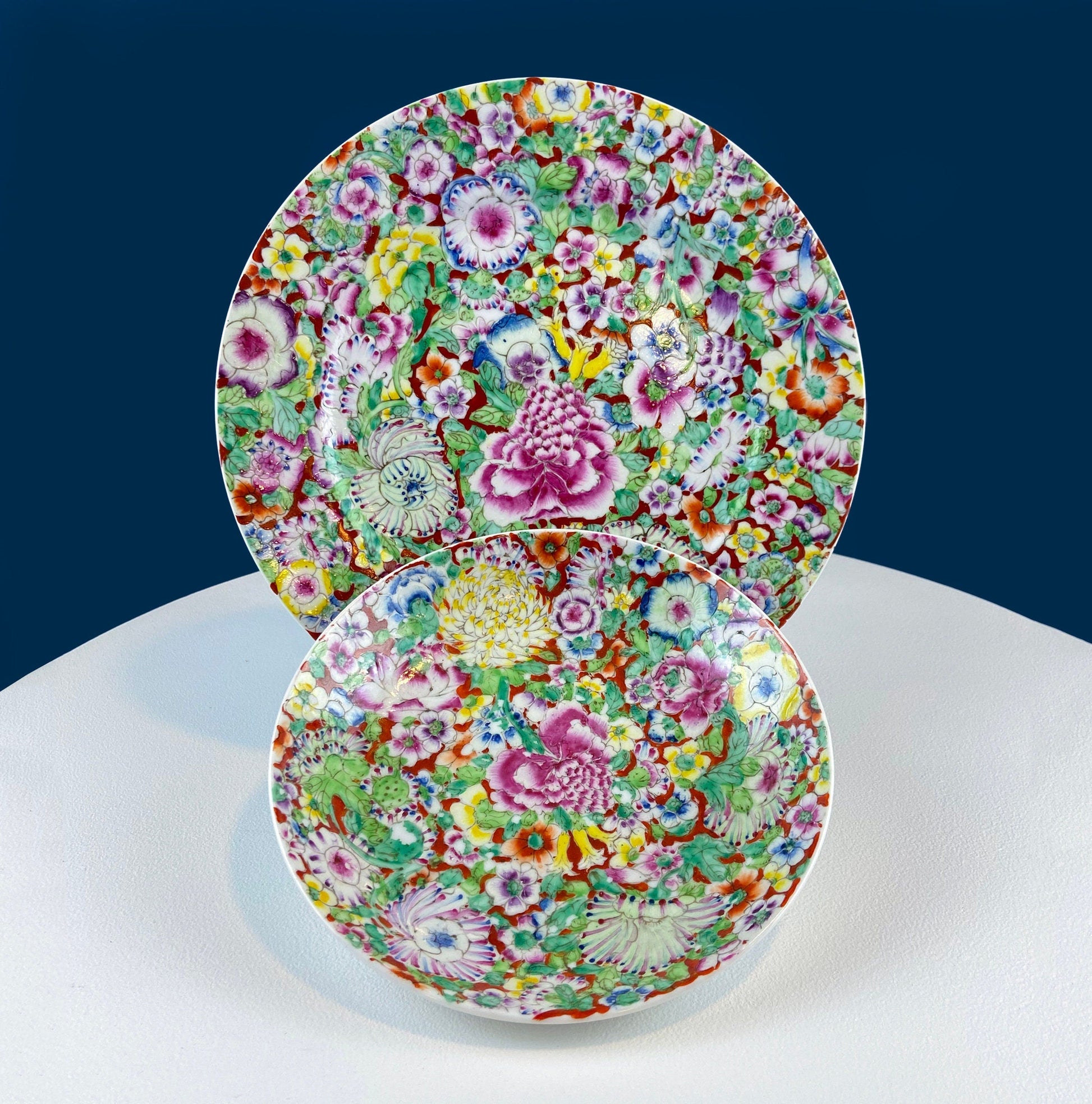 Hand-Painted Set of Two Decorative or Serving Dishes with a Flowers Motif. 10.5" Flat Platter and 7.5" Shallow Bowl. Dining Room Decor. - Tampa Home & Garden Store