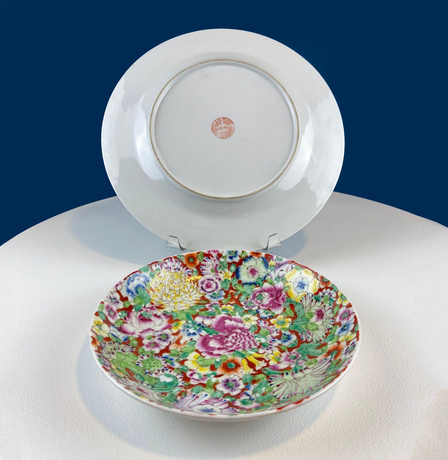 Hand-Painted Set of Two Decorative or Serving Dishes with a Flowers Motif. 10.5" Flat Platter and 7.5" Shallow Bowl. Dining Room Decor. - Tampa Home & Garden Store