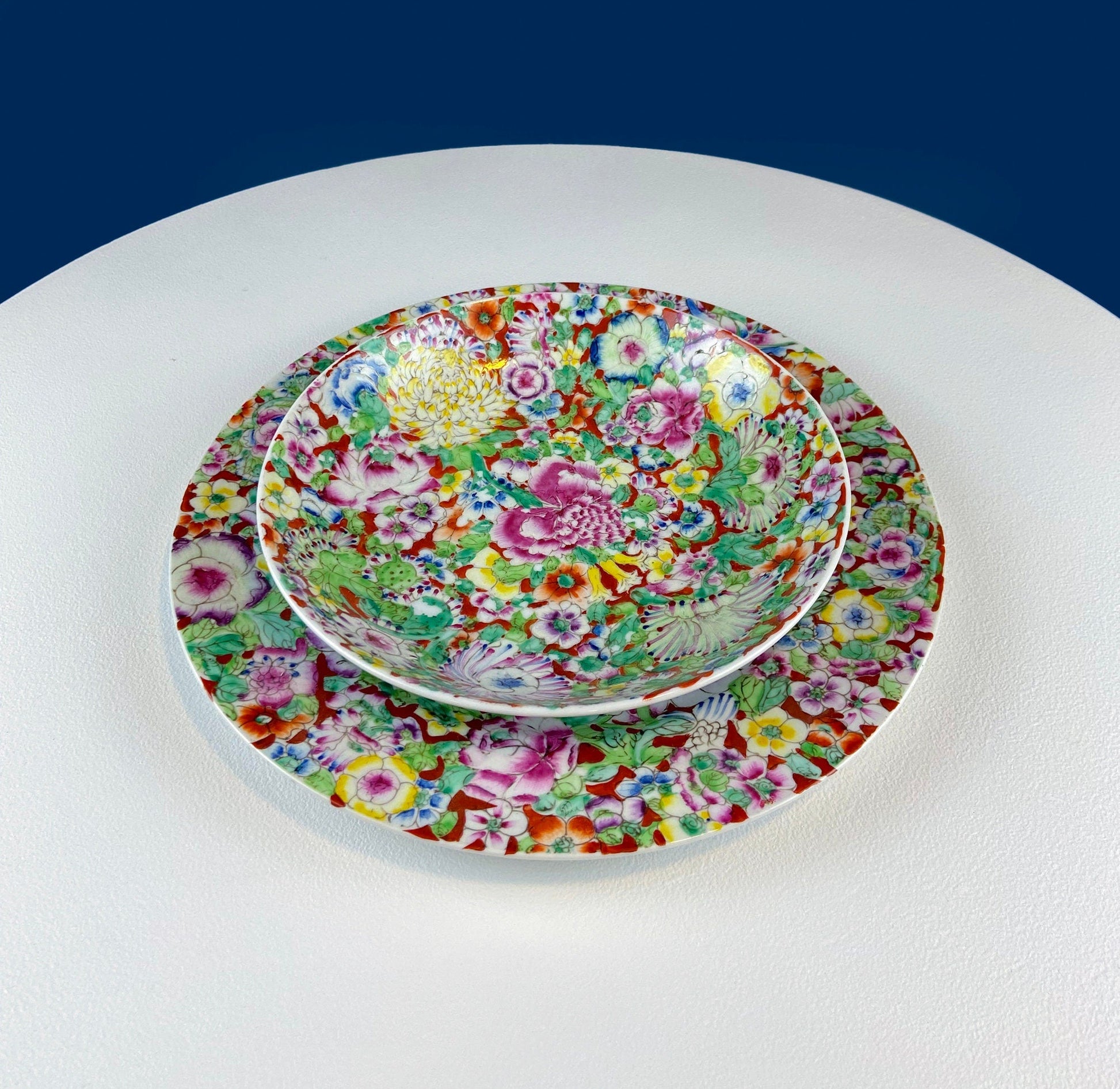 Hand-Painted Set of Two Decorative or Serving Dishes with a Flowers Motif. 10.5" Flat Platter and 7.5" Shallow Bowl. Dining Room Decor. - Tampa Home & Garden Store