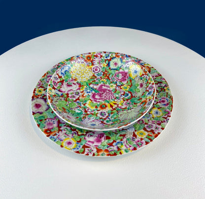 Hand-Painted Set of Two Decorative or Serving Dishes with a Flowers Motif. 10.5" Flat Platter and 7.5" Shallow Bowl. Dining Room Decor. - Tampa Home & Garden Store