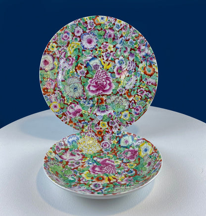 Hand-Painted Set of Two Decorative or Serving Dishes with a Flowers Motif. 10.5" Flat Platter and 7.5" Shallow Bowl. Dining Room Decor. - Tampa Home & Garden Store