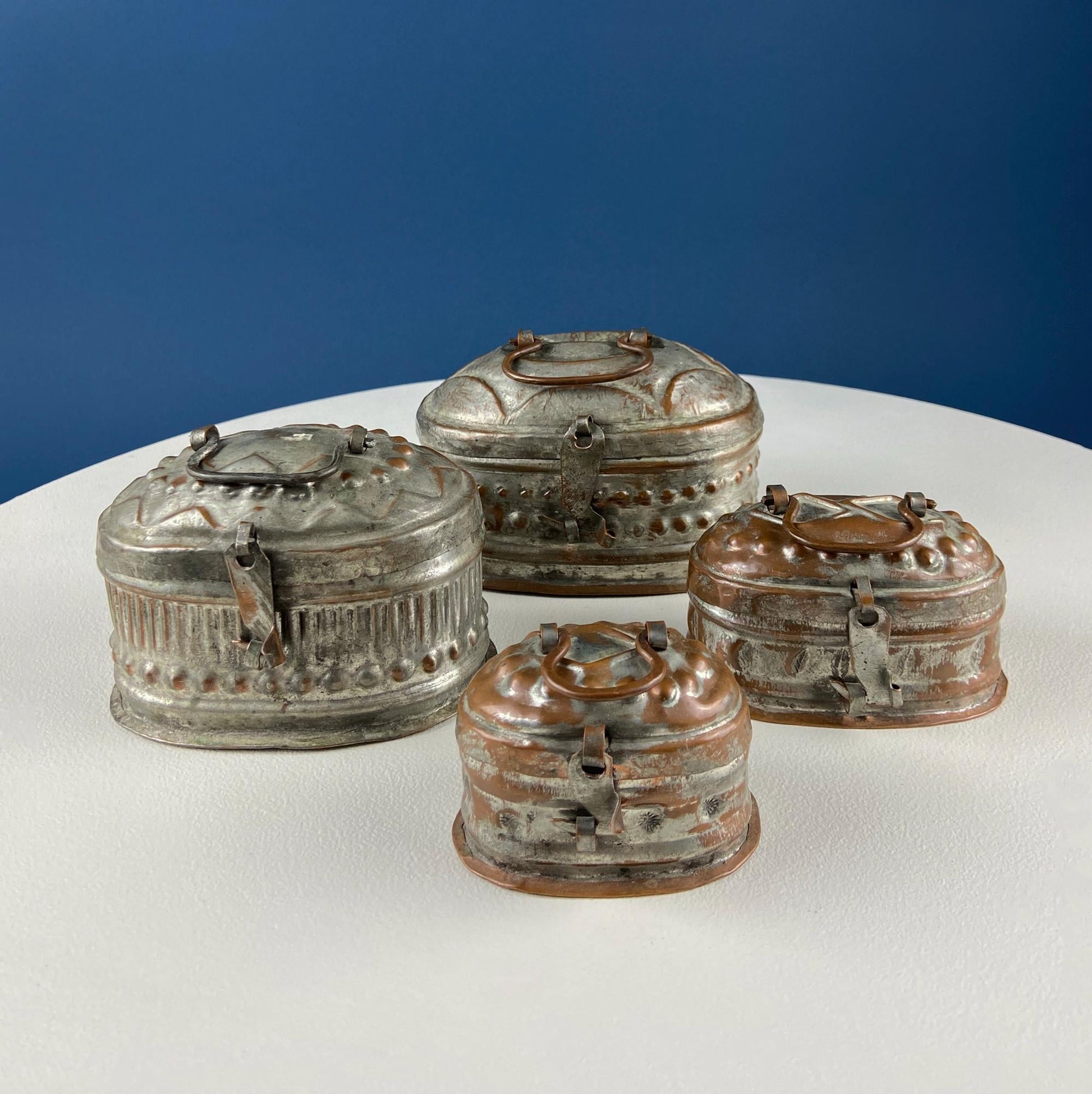 Hand Pounded Copper Cricket Boxes with Hinged Lids. Set of 4 Oval Metal Boxes with Perforated Bases. Rustic Collection of Containers. - Tampa Home & Garden Store