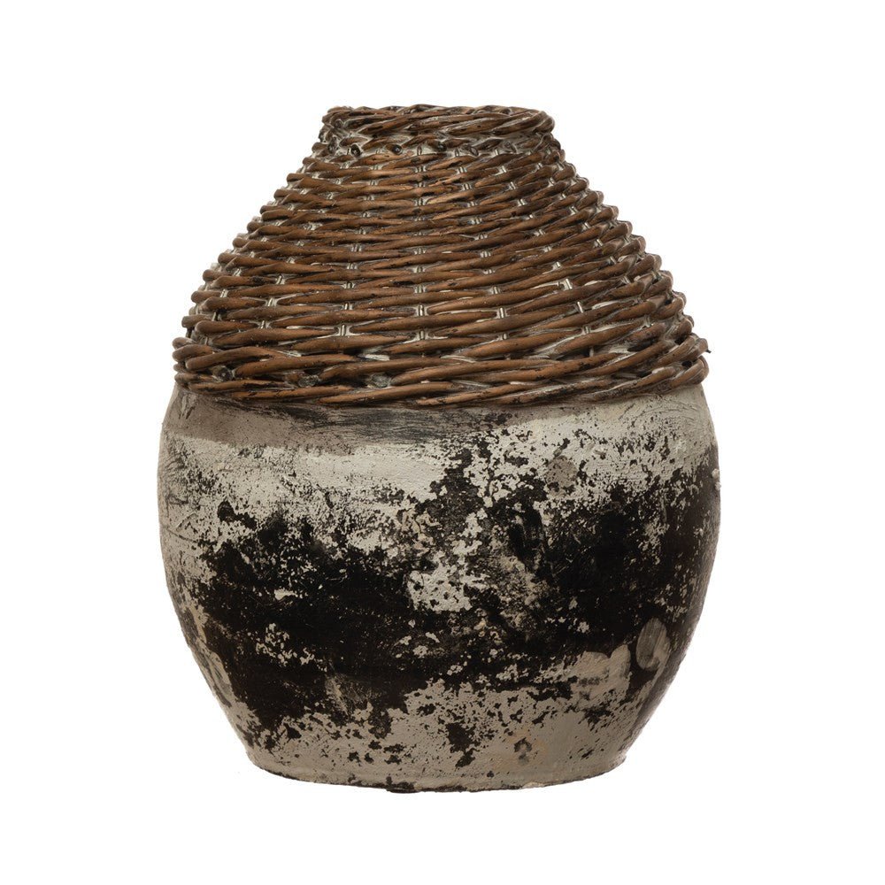 Hand-Woven Rattan & Clay Vase, Distressed - Tampa Home & Garden Store