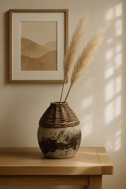 Hand-Woven Rattan & Clay Vase, Distressed - Tampa Home & Garden Store