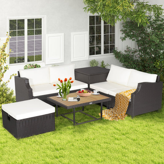 7 Pieces Hand-Woven Wicker Outdoor Furniture Set with Acacia Wood Coffee Table-White - Tampa Home & Garden Store