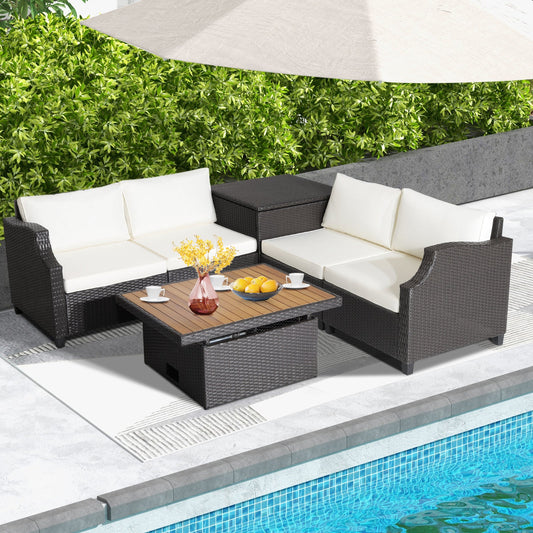 7 Pieces Hand-Woven Wicker Outdoor Furniture Set with Acacia Wood Coffee Table-White - Tampa Home & Garden Store
