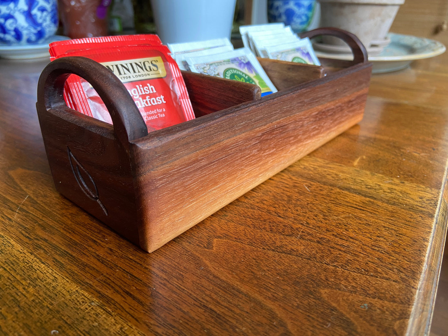 Hand-made Walnut Tea Caddy - Custom Tea Leaf Engraving - Tampa Home & Garden Store