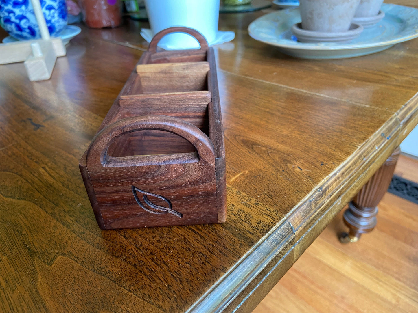 Hand-made Walnut Tea Caddy - Custom Tea Leaf Engraving - Tampa Home & Garden Store