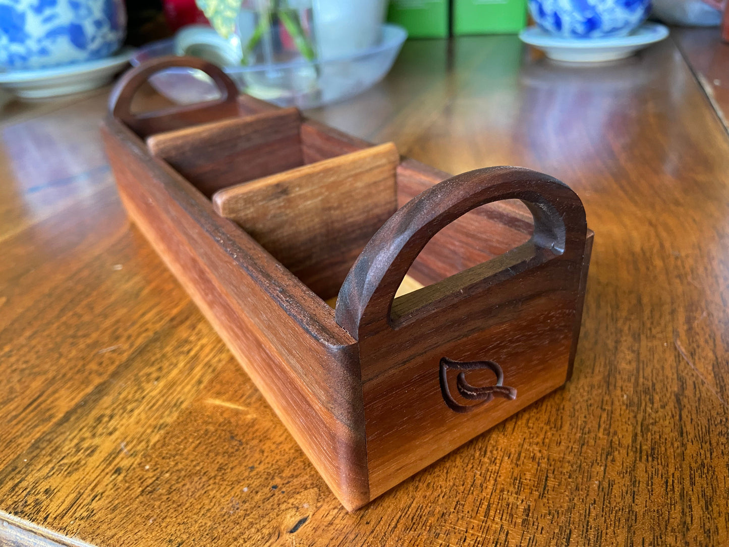 Hand-made Walnut Tea Caddy - Custom Tea Leaf Engraving - Tampa Home & Garden Store