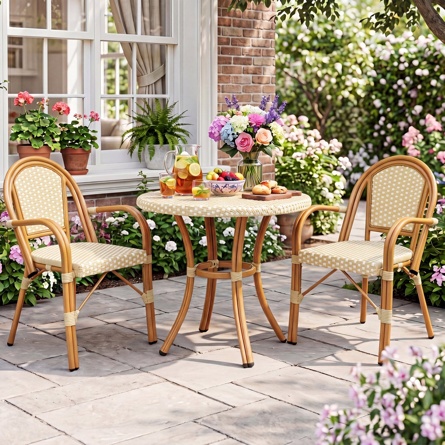 PE Wicker Bistro Dining Chairs Set of 2 - Yellow for outdoor patio, woven rattan-style seating on Tampa Home & Garden Store