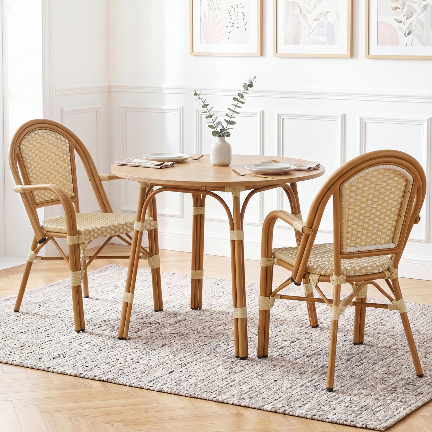 Set of 2 yellow PE wicker bistro dining chairs around a round table on Tampa Home & Garden Store