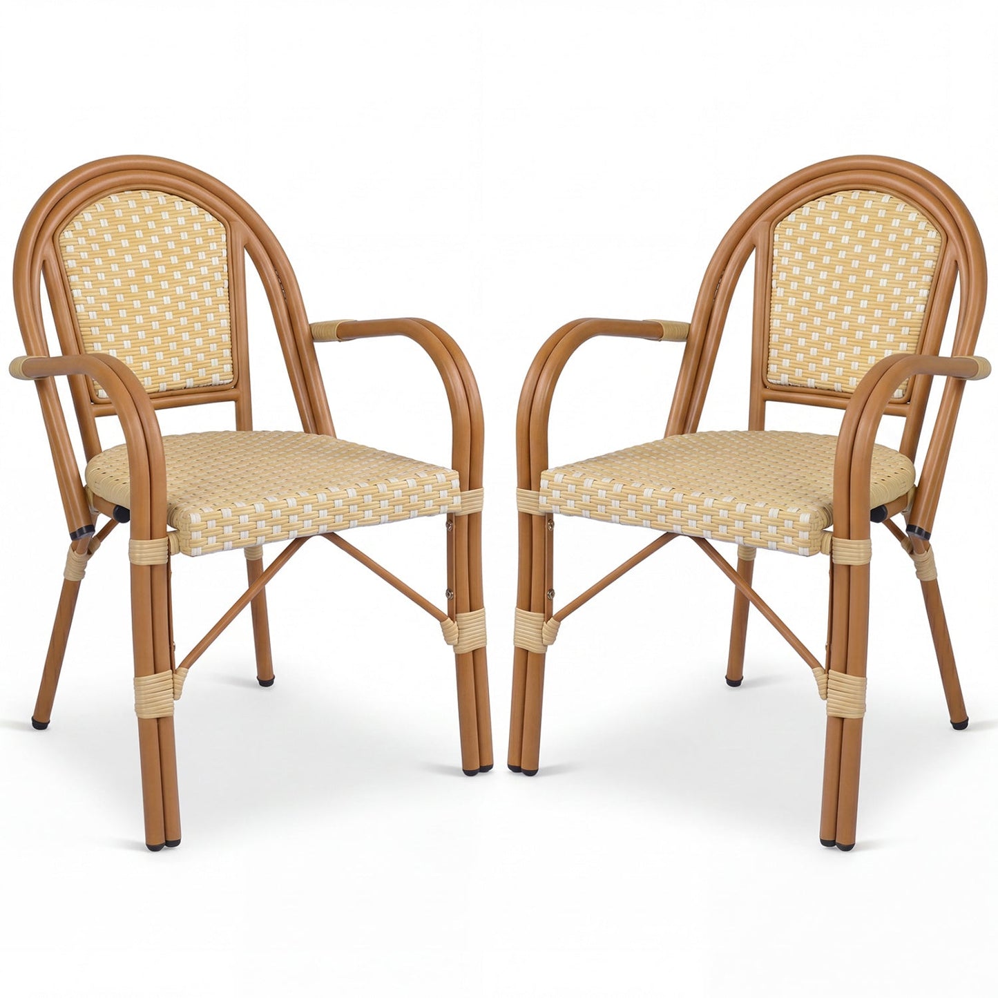 PE wicker bistro dining chairs set of 2 in yellow with woven seats and curved arms on Tampa Home & Garden Store
