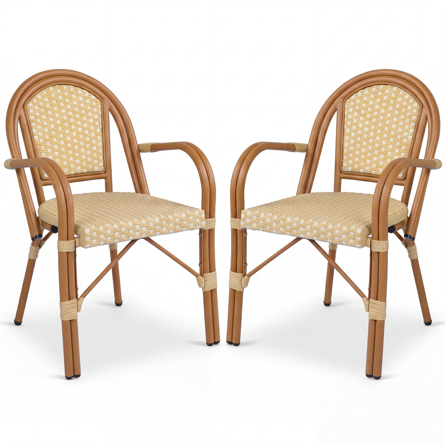 PE wicker bistro dining chairs set of 2 in yellow with woven seats and curved arms on Tampa Home & Garden Store
