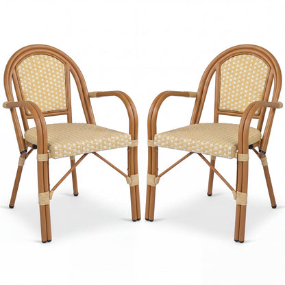 PE wicker bistro dining chairs set of 2 in yellow with woven seats and curved arms on Tampa Home & Garden Store