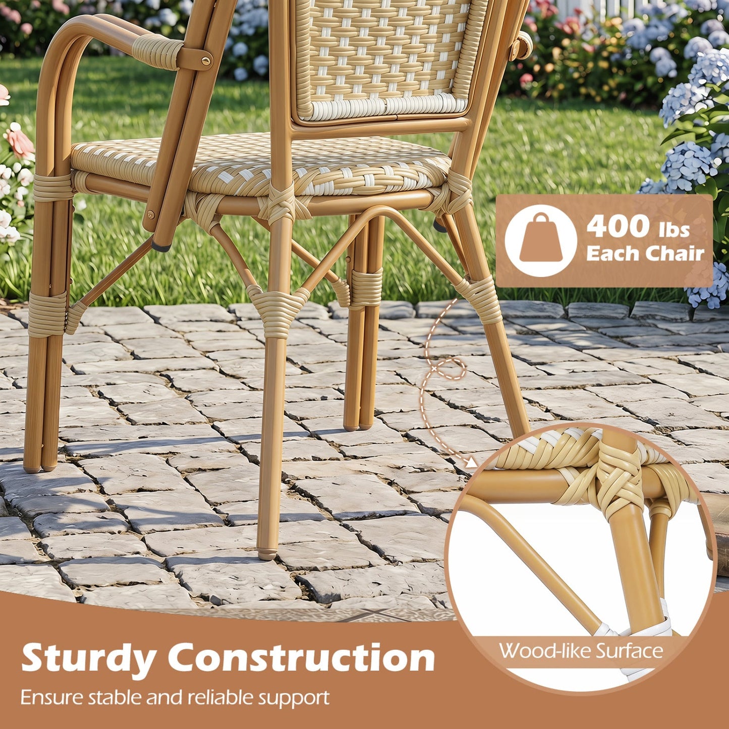 PE wicker Bistro Dining Chairs set of 2 yellow, woven patio seating for outdoor dining on Tampa Home & Garden Store