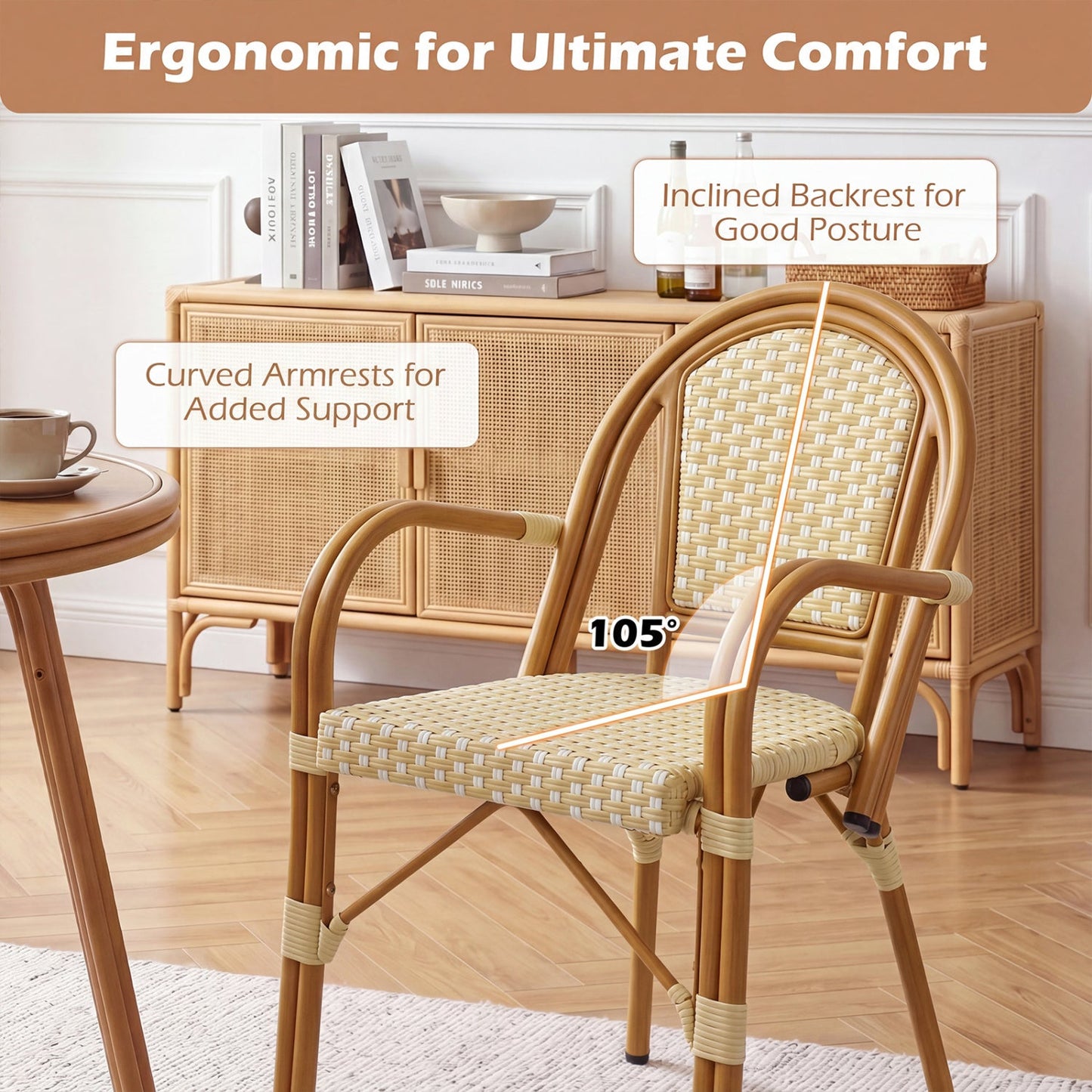 PE wicker bistro chairs set of 2, yellow outdoor patio dining chairs with woven seats on Tampa Home & Garden Store