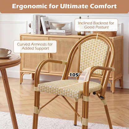 PE wicker bistro chairs set of 2, yellow outdoor patio dining chairs with woven seats on Tampa Home & Garden Store