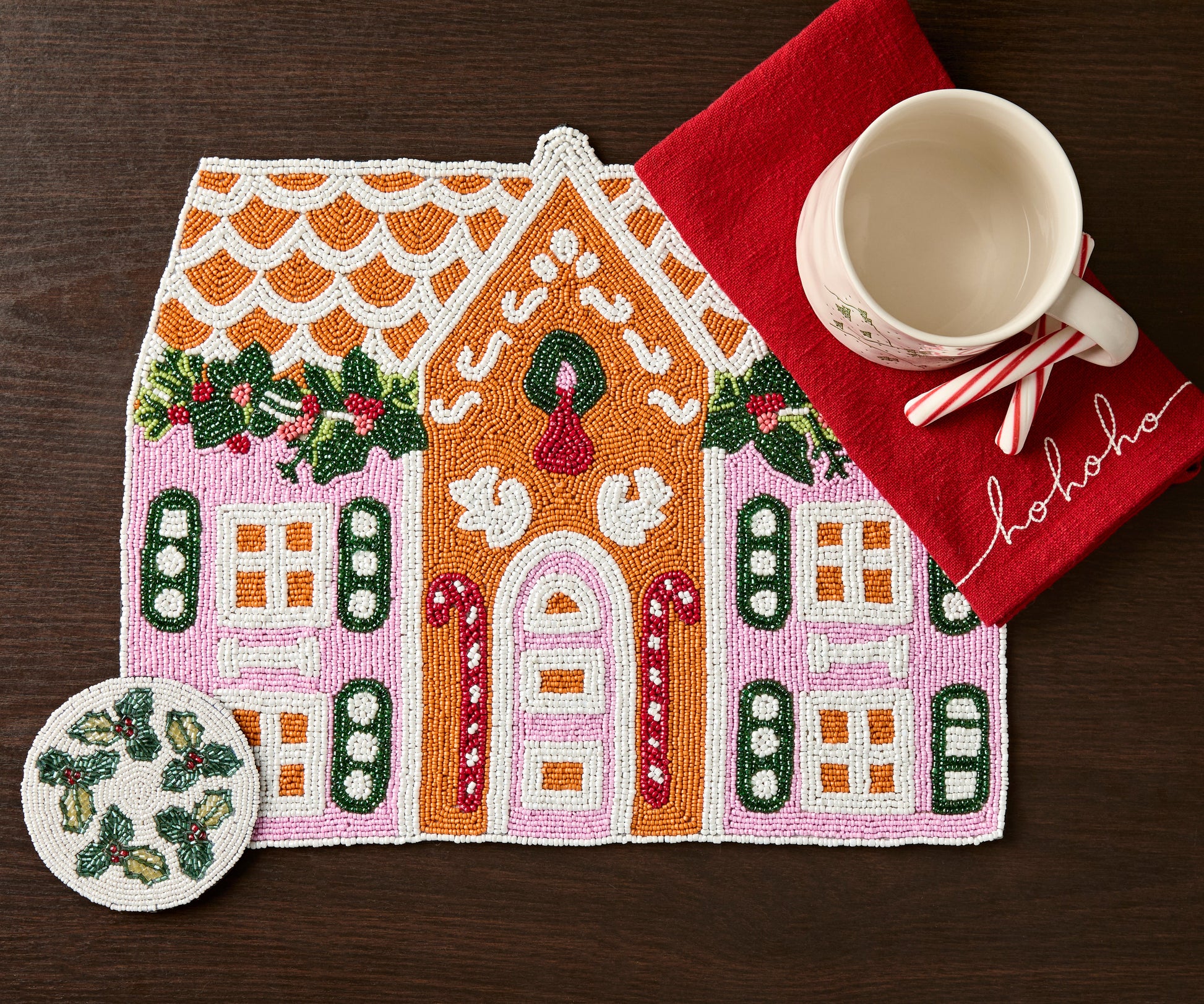 Handcrafted Gingerbread House Beaded Placemat, Beaded Holiday Table Decor, Christmas special beaded placemat by Payton James, Christmas decoration gift for her - Tampa Home & Garden Store
