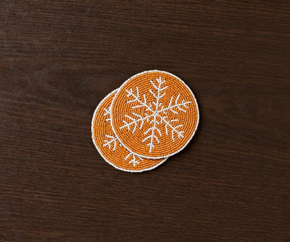 Handmade Beaded Christmas Snowflakes Coasters, White and Yellow Beads, Payton James Holiday Table Decor, Elegant Centerpiece Gift Idea - Tampa Home & Garden Store