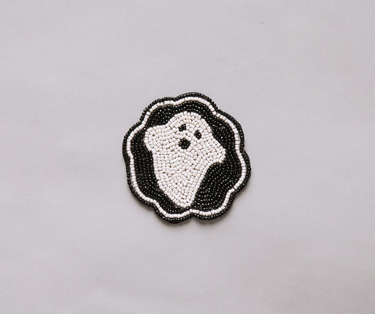 Handmade Beaded Ghost Coaster Halloween Cup Mat Spooky Drink Decor Black White Bead Cute Ghost Barware Accent - Tampa Home & Garden Store