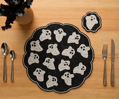 Handmade Beaded Ghost Coaster Halloween Cup Mat Spooky Drink Decor Black White Bead Cute Ghost Barware Accent - Tampa Home & Garden Store