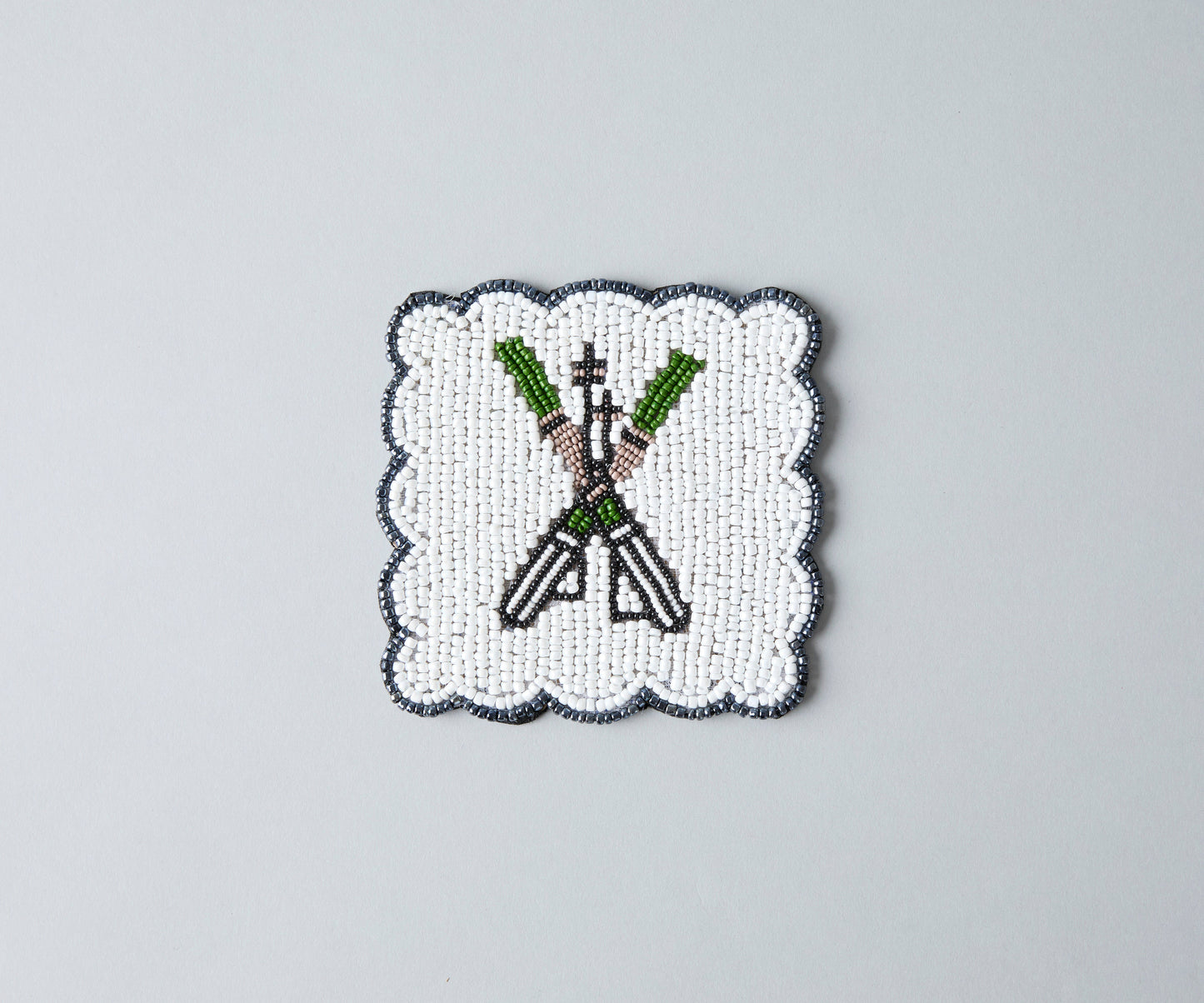 Handmade Beaded Ski Coaster with Pearls – Elegant Black, White, and Green Coaster for Tableware & Home Decor - Tampa Home & Garden Store