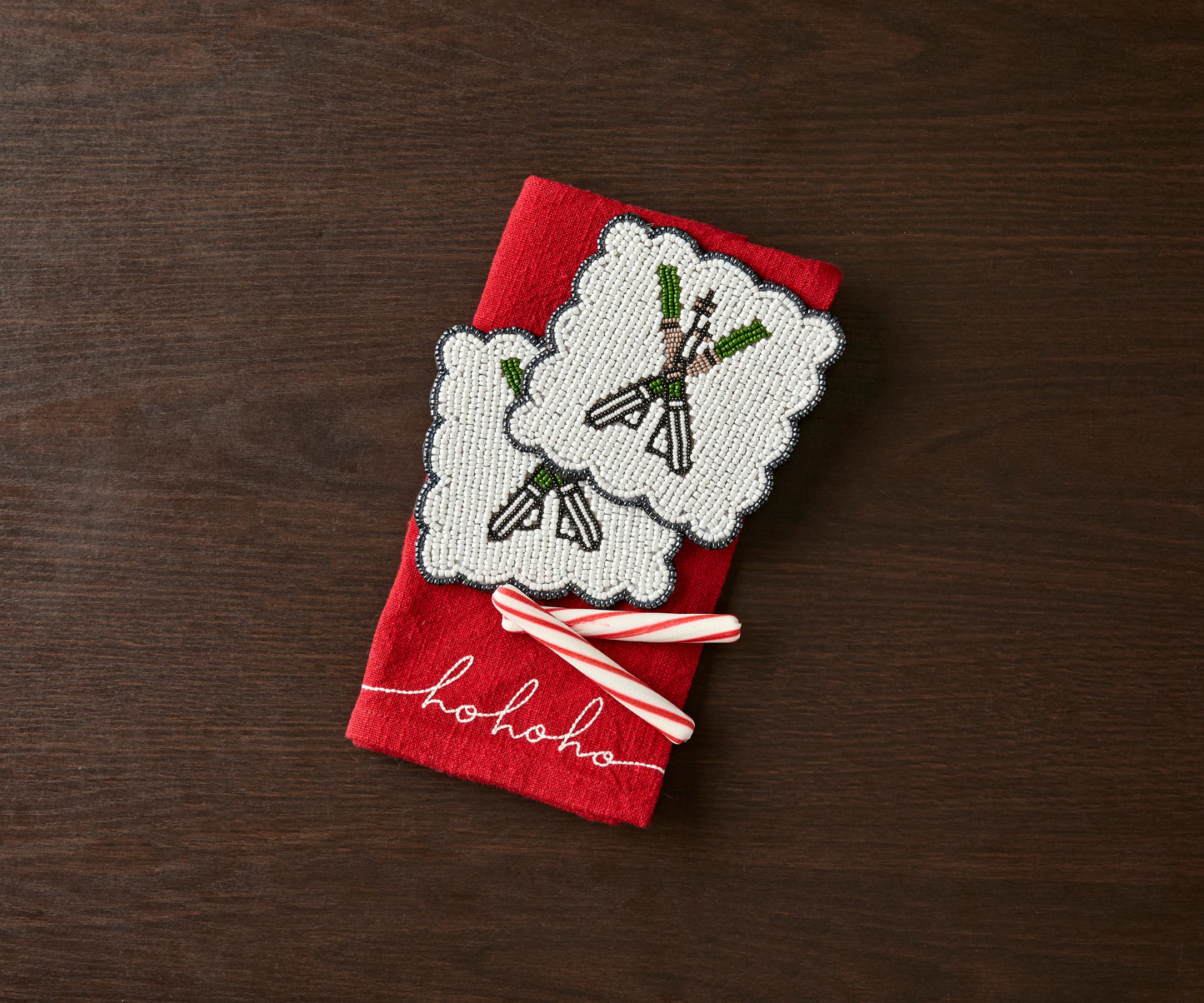 Handmade Beaded Ski Coaster with Pearls – Elegant Black, White, and Green Coaster for Tableware & Home Decor - Tampa Home & Garden Store