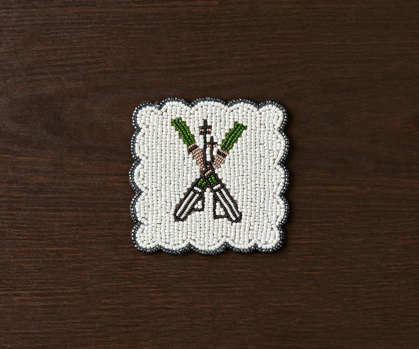 Handmade Beaded Ski Coaster with Pearls – Elegant Black, White, and Green Coaster for Tableware & Home Decor - Tampa Home & Garden Store