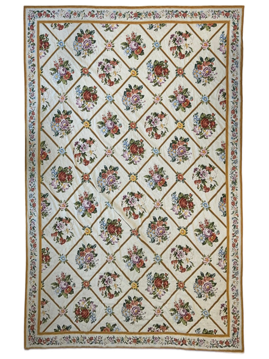Handmade Needlepoint Floral Wool Rug – 9' 7" x 13' 5" – Vintage European Tapestry Style - Tampa Home & Garden Store