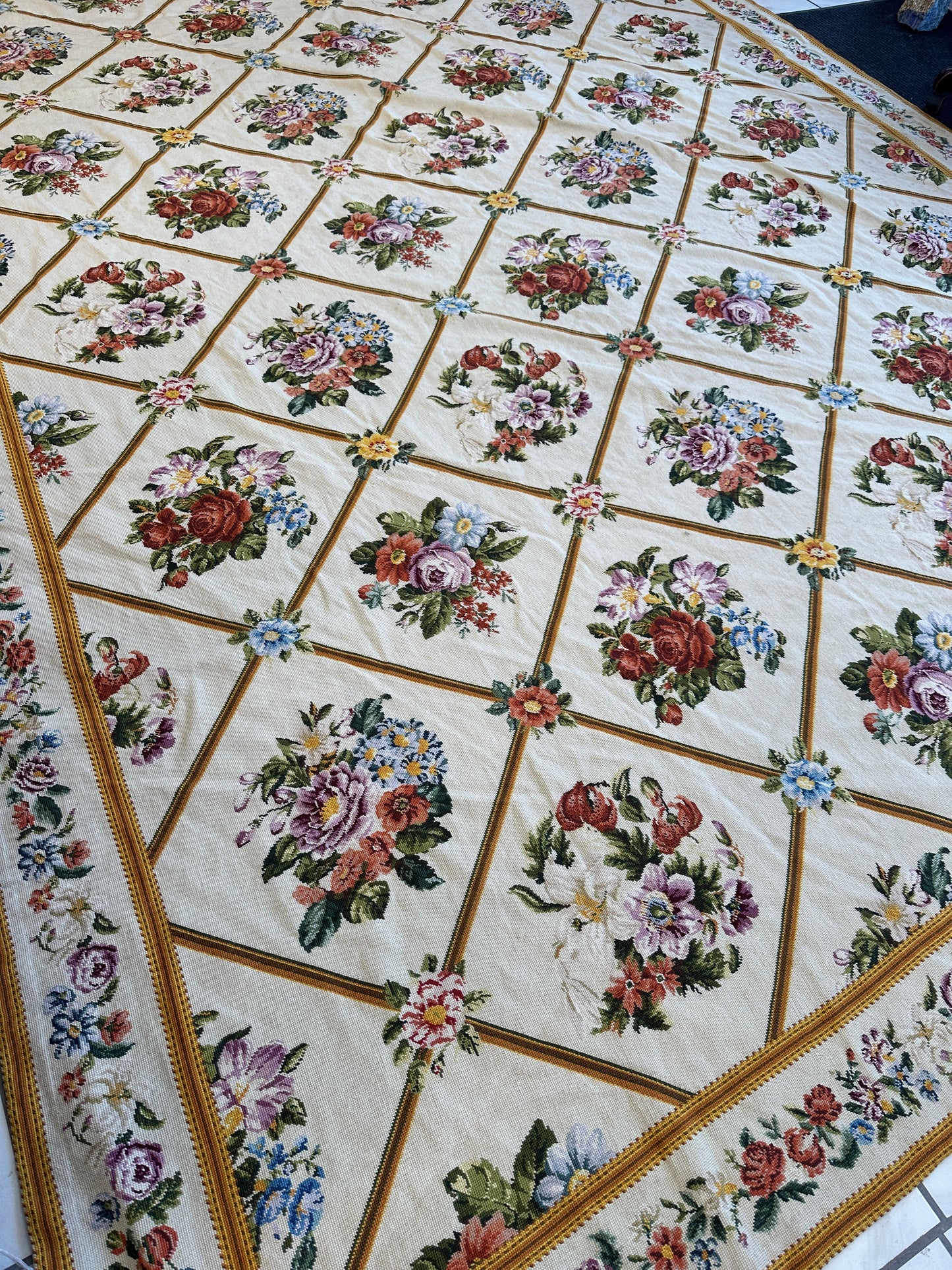 Handmade Needlepoint Floral Wool Rug – 9' 7" x 13' 5" – Vintage European Tapestry Style - Tampa Home & Garden Store