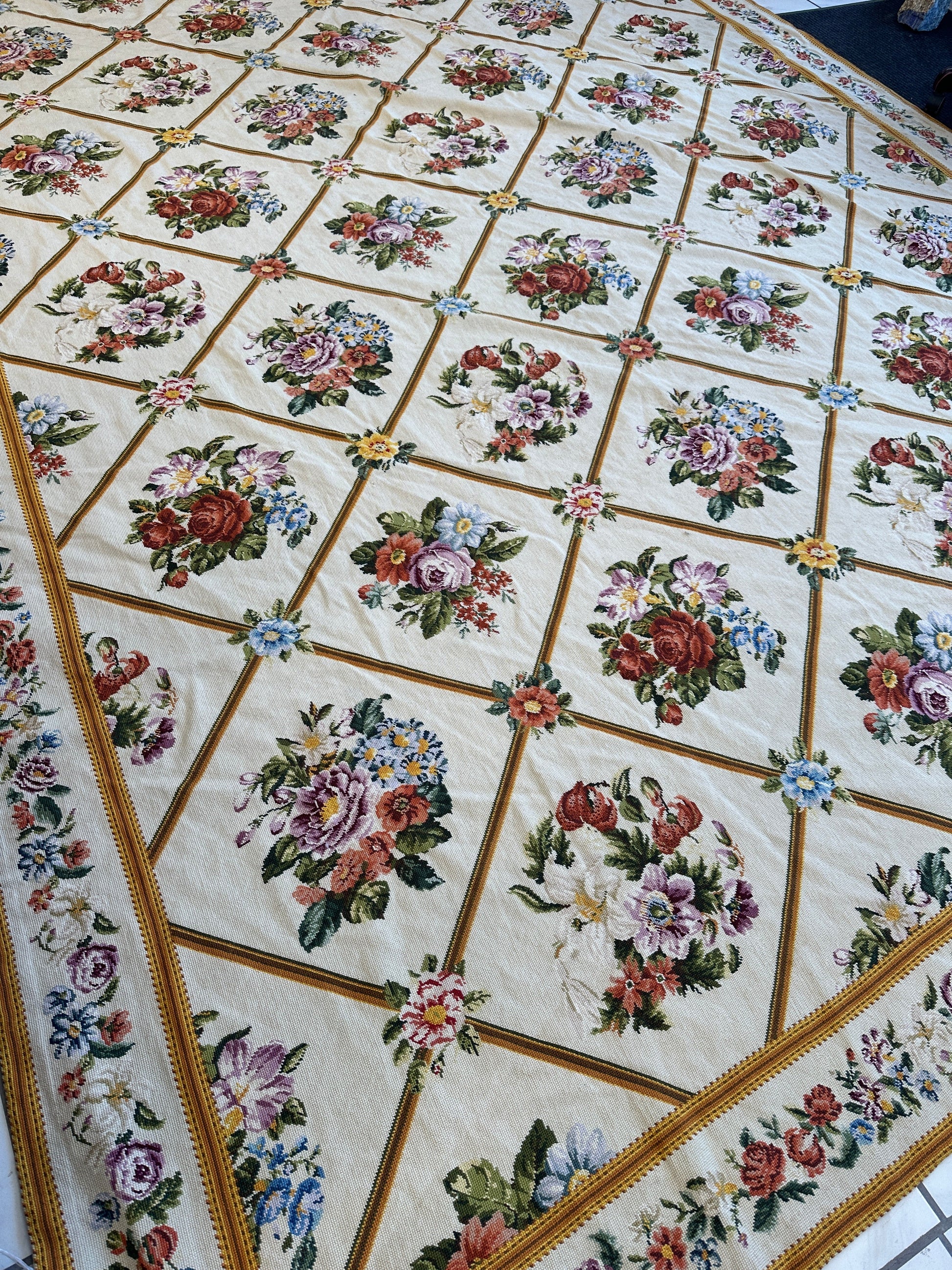 Handmade Needlepoint Floral Wool Rug – 9' 7" x 13' 5" – Vintage European Tapestry Style - Tampa Home & Garden Store