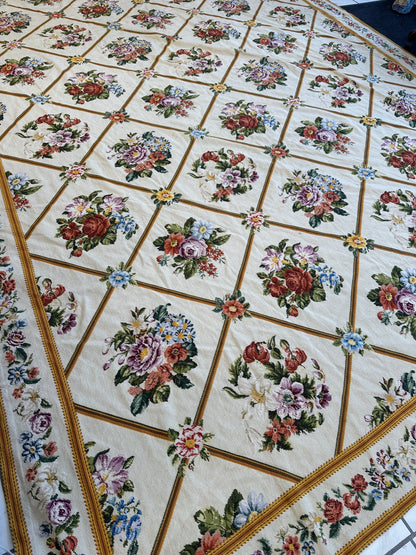 Handmade Needlepoint Floral Wool Rug – 9' 7" x 13' 5" – Vintage European Tapestry Style - Tampa Home & Garden Store