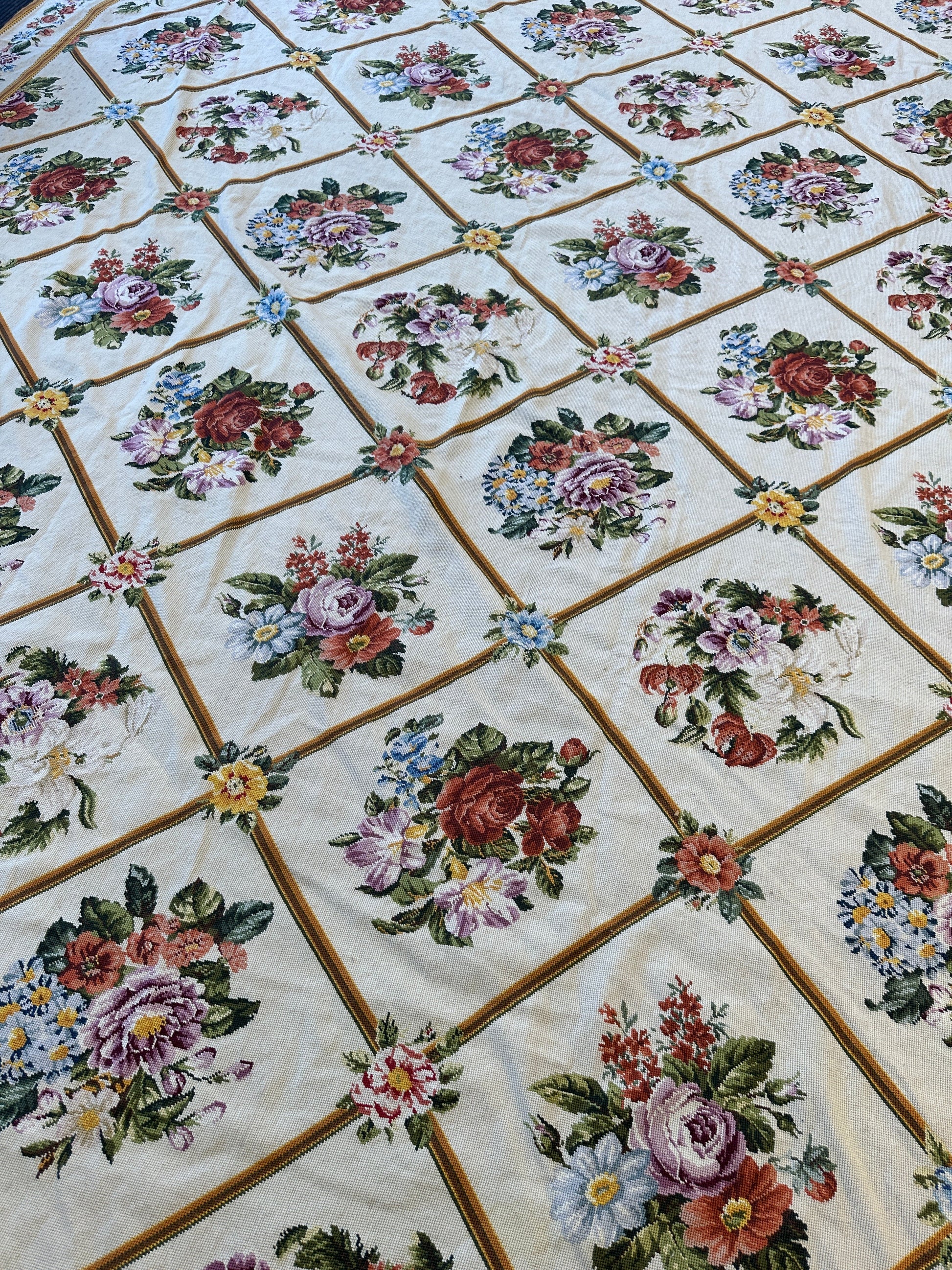 Handmade Needlepoint Floral Wool Rug – 9' 7" x 13' 5" – Vintage European Tapestry Style - Tampa Home & Garden Store