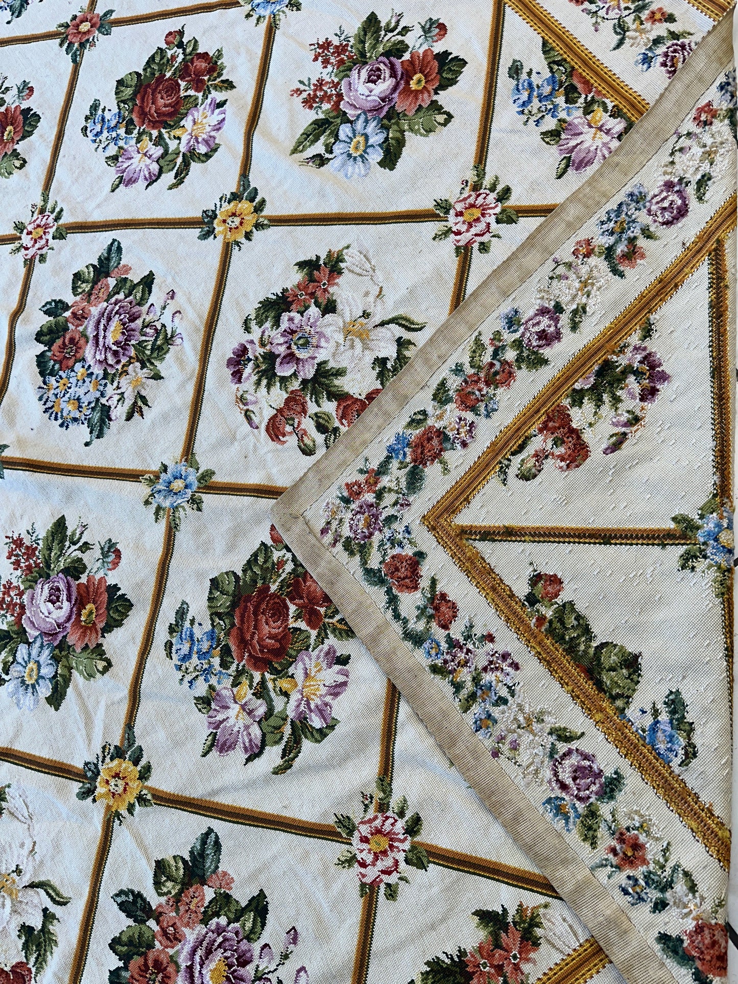 Handmade Needlepoint Floral Wool Rug – 9' 7" x 13' 5" – Vintage European Tapestry Style - Tampa Home & Garden Store