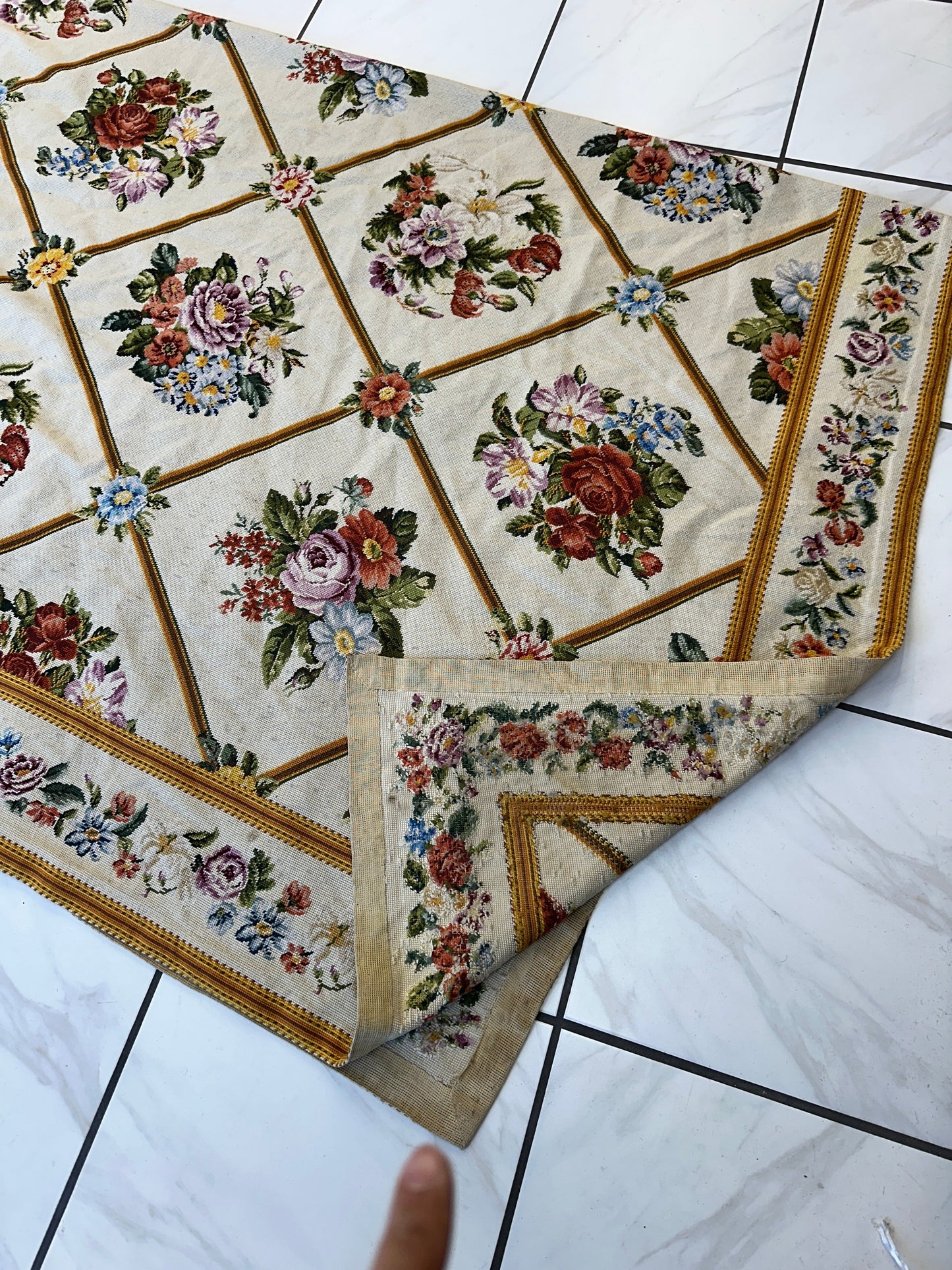 Handmade Needlepoint Floral Wool Rug – 9' 7" x 13' 5" – Vintage European Tapestry Style - Tampa Home & Garden Store
