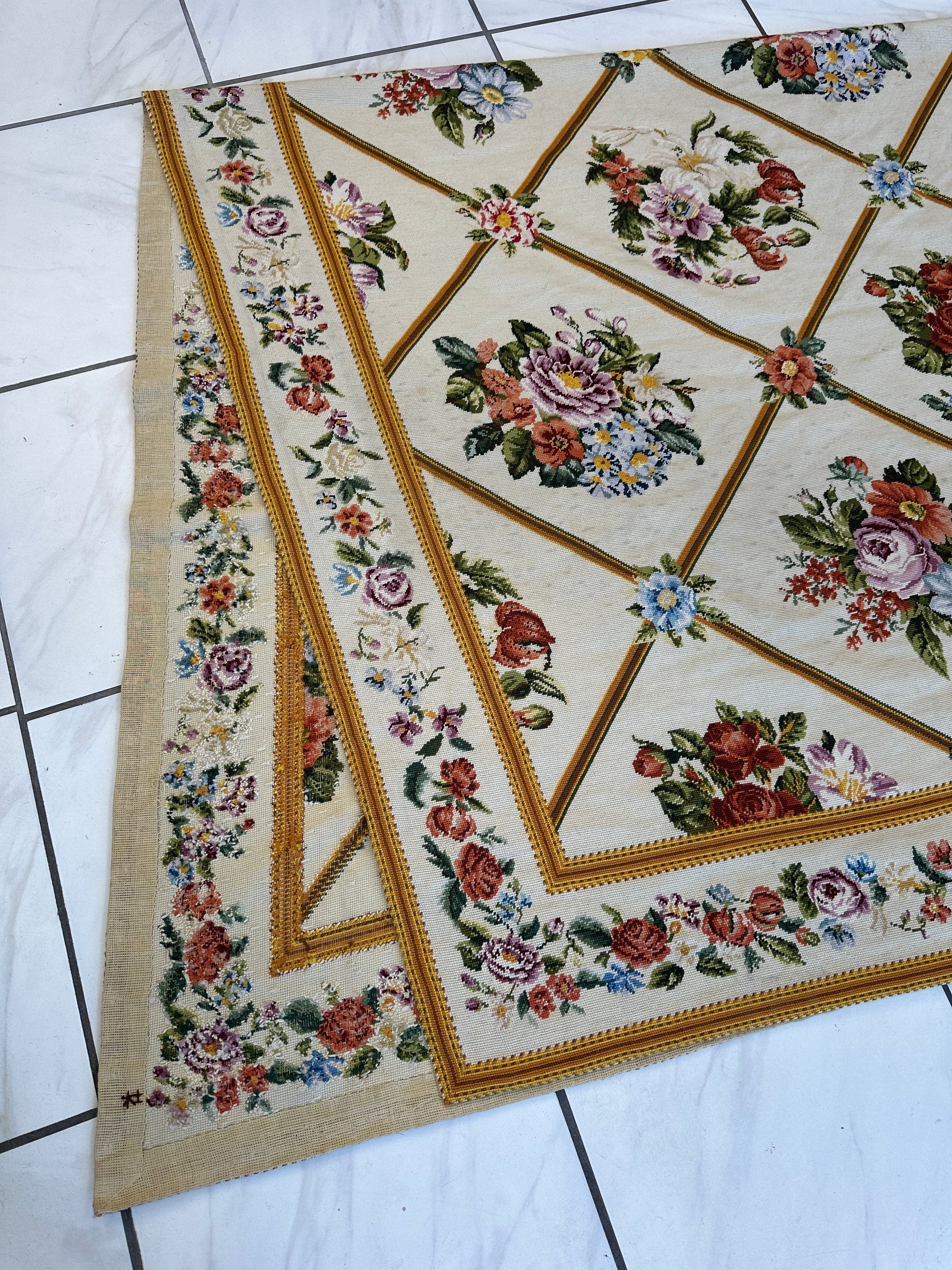 Handmade Needlepoint Floral Wool Rug – 9' 7" x 13' 5" – Vintage European Tapestry Style - Tampa Home & Garden Store