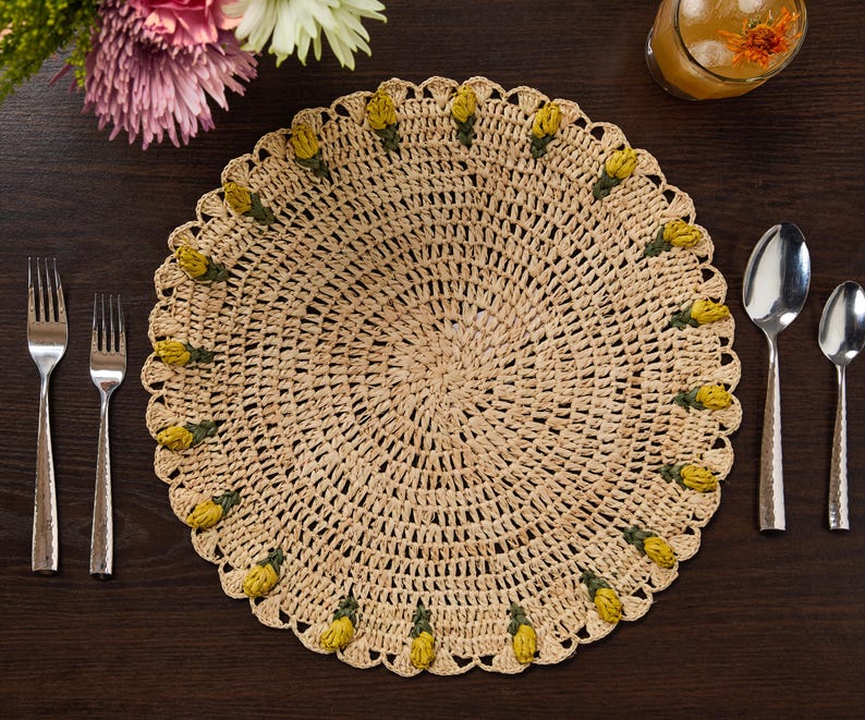 Handmade Tulip Placemat – Raffia Crochet Floral Table Mat – Spring & Easter Table Decor – Artisan Tableware – Boho Dining Accent - Tampa Home & Garden Store