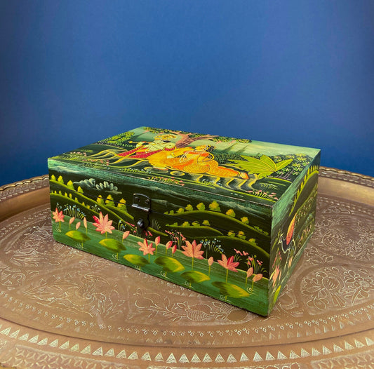 Handpainted Wooden Storage Box. Indian Themed Trinket Box. Rustic, Colorful Treasure Box Depicting Man & Woman in a Garden. Vintage Gifts. - Tampa Home & Garden Store