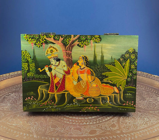 Handpainted Wooden Storage Box. Indian Themed Trinket Box. Rustic, Colorful Treasure Box Depicting Man & Woman in a Garden. Vintage Gifts. - Tampa Home & Garden Store