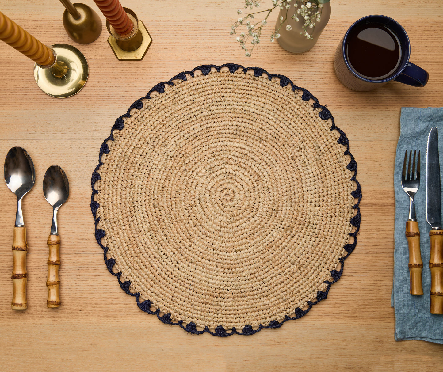 Handwoven Aura Blue Edge Placemat - Rustic Woven Raffia Tabletop Decor - Tampa Home & Garden Store